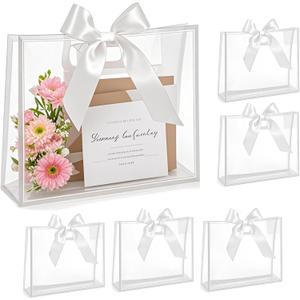 ZJHiome 8pcs Large Clear Gift Bags with Handles,Reusable PVC Gift Bag with Ribbon Bow for Graduation Christmas Easter Wedding Baby Shower Birthday Party Small Business (White)