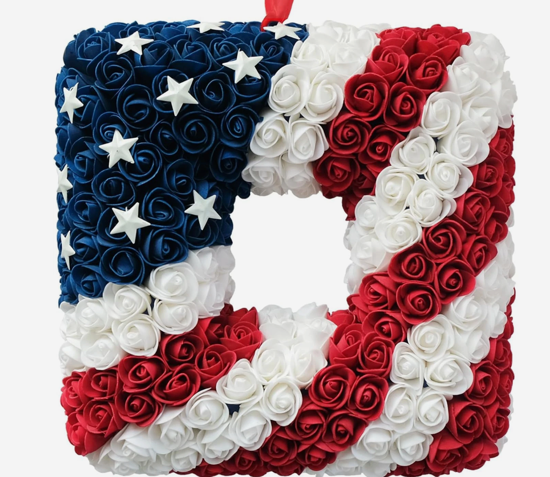 18 Inch Patriotic Red White Blue Large Square Shape Flower Wreath for Front Door, Forth of July American Flag Color Soft Touch Floral Wreath for Indoor and Outdoor, Independence Day Home Decor