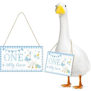 2 x 1 Pcs Blue Porch Goose Sign Wooden One Silly Goose Outfit Birthday Party Hanging Decor for 23" Outdoor Statue Yard Lawn Accessories Baby Shower Decor