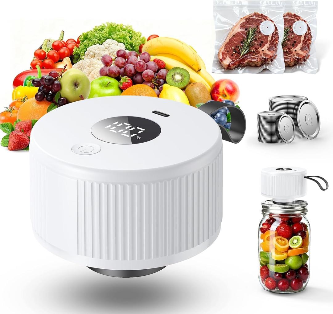 Electric Mason Jar Vacuum Sealer, [2026 Upgraded] One-Piece Handheld Vacuum Sealer Kit for Wide & Regular Mouth Jars, Portable Cordless Sealer for Food Storage, Homesteading & Meal Prep