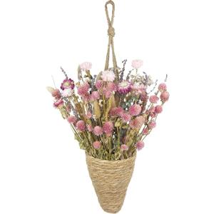 Hanging Wall Basket and Natural Dried Flower Bouquet Conical Hanging Wicker Basket with Hemp Rope Handmade Wall Planter for Garden Home Flowers Planters Boho Decor Front Door Porch Entryway