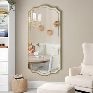 POZINO Gold Oblong Waved Mirror, Large Scalloped Wall Mirrors, 24"x47" Irregular Shaped Mirror, Modern Rectangular Waved Decorative Mirrors for Bathroom Living Room Bedroom Fireplace Hallway Entryway