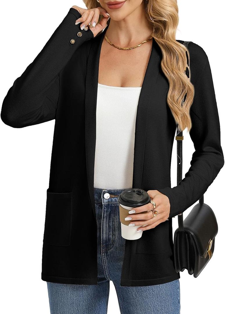 GRACE KARIN Long Cardigans for Women, Long Sleeve Open Front Cardigan Sweaters, Lightweight Spring Jacket with Pockets (Black, L)