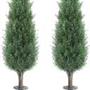 3FT Artificial Cedar Topiary Trees with Ground Spike, Outdoors Fake Cypress Shrubs Trees Set of 2 Faux Boxwood Topiaries Bushes Evergreen Plants for Home Front Porch Decor (36 Inch)