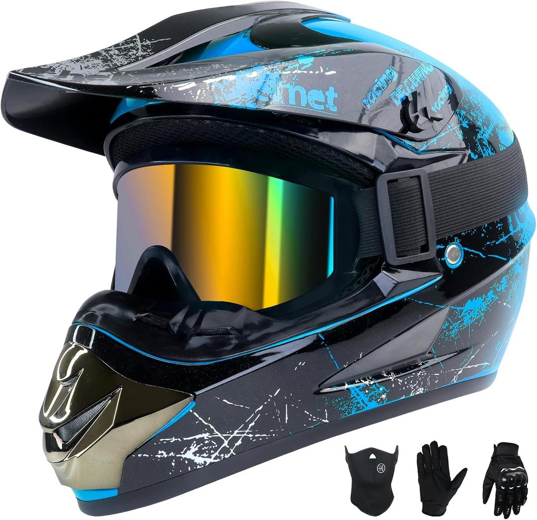 Youth Kids Dirt Bike Helmet Full Face Helmets,Motorcycle Helmets for Boys and Girls 8-14,Includes (Gloves Goggles Mask) 4Pcs Set,Motocross Bike Helmet for Off-Road ATV BMX MX,DOT Approved (Blue,L)
