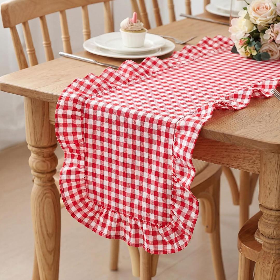 HunnmingRe 1 Pcs Red Plaid Gingham Ruffle Table Runner 118 x 13.8'' Farmhouse Table Runner 100% Cotton Scalloped Long Dresser Scarves for Mothers Day, Dining Room, Wedding, Kitchen Rustic Home Decor