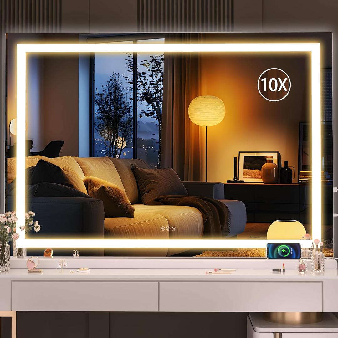Hasipu Vanity Mirror with Lights, 47" x 30" LED Makeup Mirror, Lighted Makeup Mirror with Dimmable 3 Modes, Touch Screen Control Vanity Mirror Square White