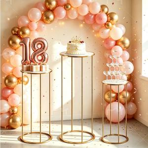 3 PCS Cylinder Pedestal Golden Metal Cake Stand for party, Acrylic Round Platforms, Pedestal stand Height (39.4", 31.5", 23.6"),Dessert Display Stand for Party, Weddings, Birthdays, Baby Showers