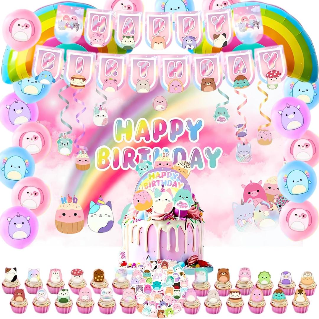 Cute Animals Birthday Decorations Kids Party Supplies with Banner Cupcake Toppers Balloons Swirls Stickers Background