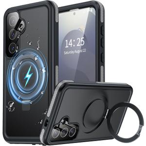 Magnetic And Stand For Samsung Galaxy S25 Plus Case, Waterproof Built-In Screen Protector Fit For Magsafe Invisible Kickstand 360 Full Body Sealed Protective Dustproof Shockproof Case Black