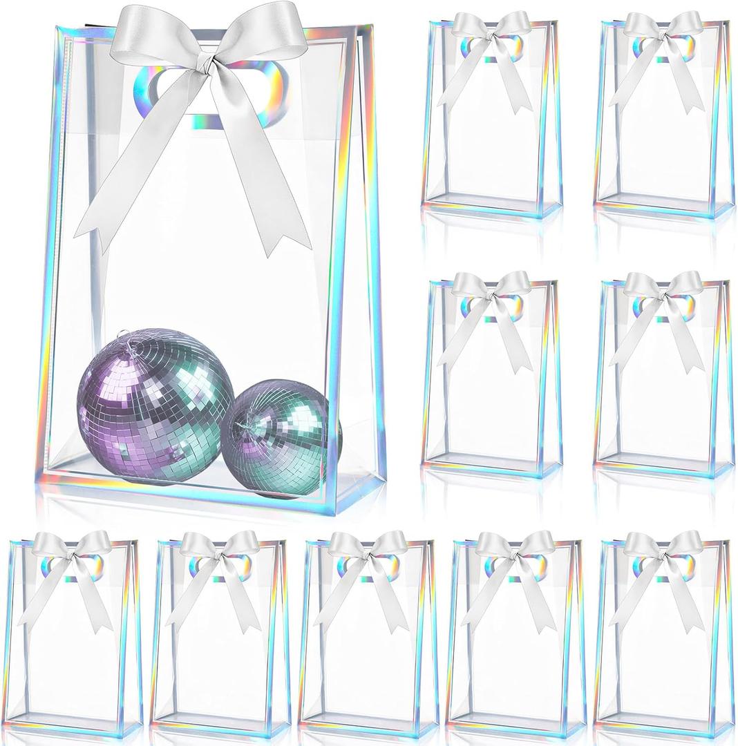 Aliceset 12 Pcs Clear Plastic Gift Bag with Die Cut Handles Reusable PP Favor Bag with Ribbon for Wedding Bridal Birthday Baby Shower Party Small Business, 7x10x3.15 Inch(Iridescent) (Dazzling)