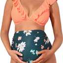 Summer Mae Maternity High Waist Swimsuit Two Piece Ruffle Bikini Bathing Suit Floral V-Neck Pregnancy Swimwear, Small
