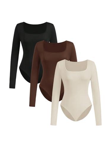 GORGLITTER Women's 3 Piece Sets Long Sleeve Bodysuit Square Neck Tummy Control Leotard Tops Black Brown Apricot Small
