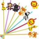 24pcs Reusable Forest Animals Crazy Straws, Drink Cocktail Straws for Lion Fox Zebra Giraffe Safari Birthday Party Supplies Favors, Woodland Party Favors with 2 Cleaning Brushes 6 Colors