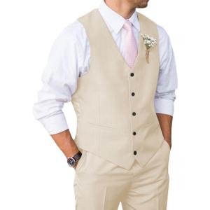 Mens Suit 2 Piece Slim Fit Suit for Men Vest Pants Suit Set for Wedding Groom Formal Business (Medium, Beige)