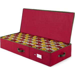 ZOBER Underbed Christmas Ornament Storage Box - Stores 120 3" Ornaments, With Dividers - Tear Proof 600D Oxford Fabric, Ornament Organizer Storage Box, Durable Christmas Containers Holder - Red