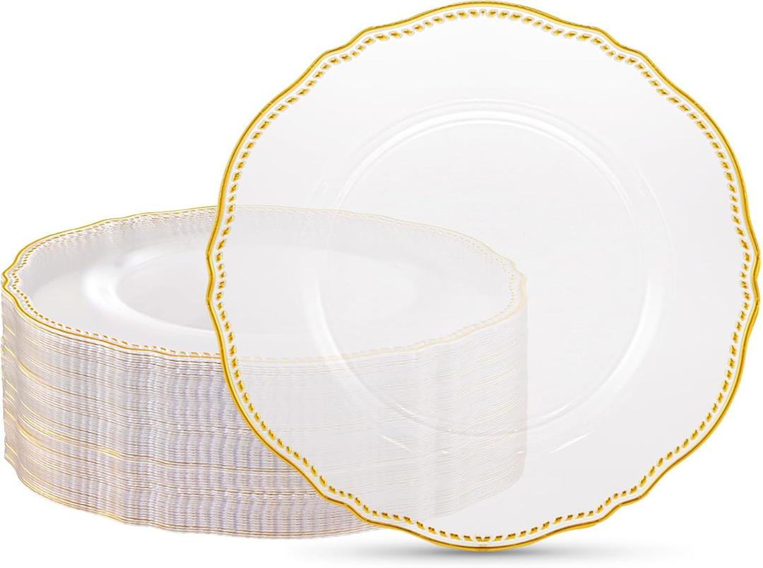 Hioasis 60pcs Gold Plastic Plates - Clear and Gold Disposable Plates, 10.25 inch Plastic Dinner Plates, Perfect for Wedding & Party & Holiday