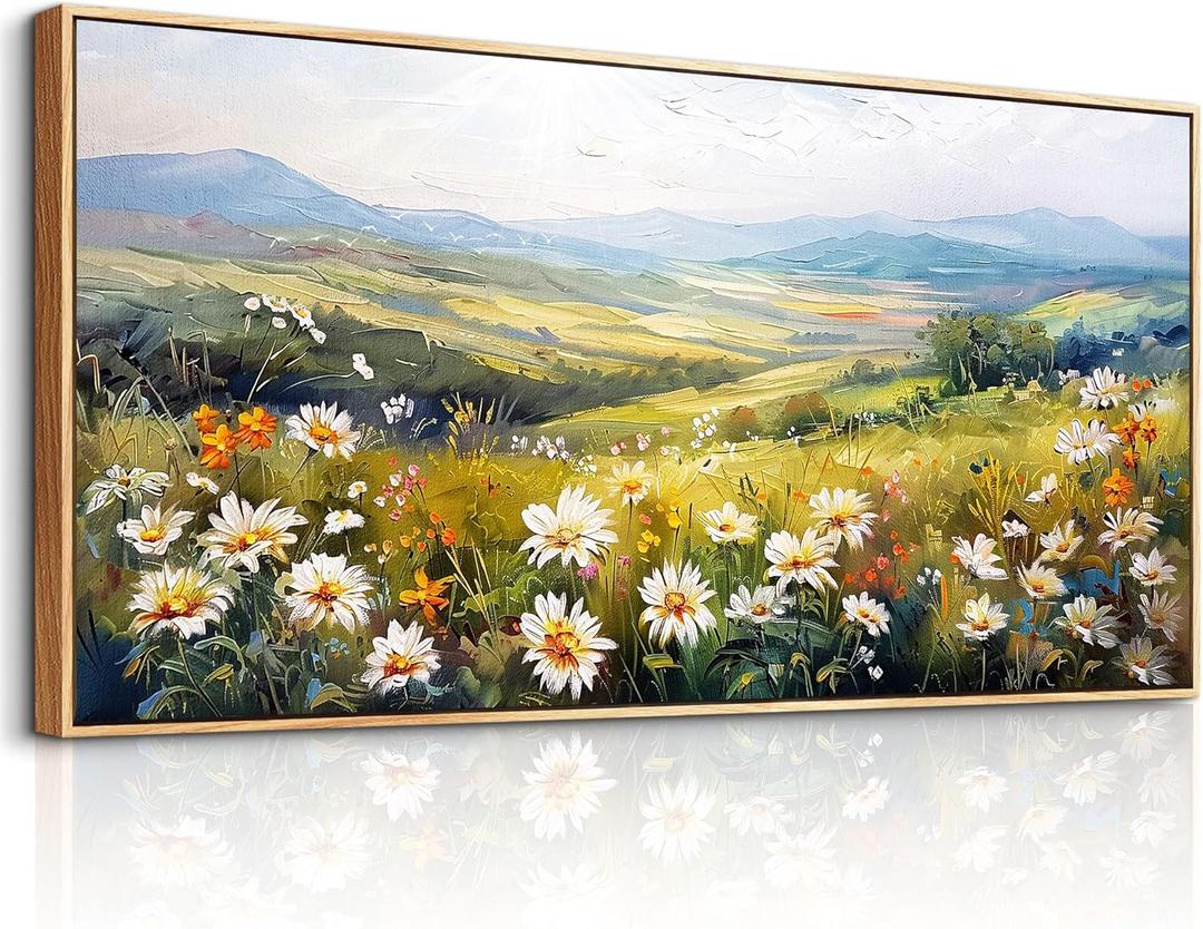 ZUITINGHUA Large Wood Framed Wall Decor For Living Room Canvas Wall Art For Office Modern Wall Decorations For Bedroom Pastoral Scenery Painting Flower Pictures Artwork Room Home Decor 24x48 In