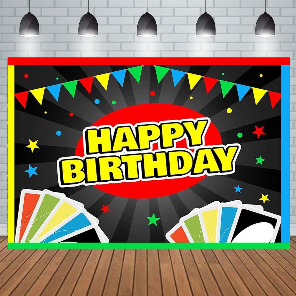 Aperturee 7x5ft Card Game Happy Birthday Backdrop Colorful Playing Cards Flags Game Night Party Cartoon Black Radial Stripe Bday Party Banner Decorations Supplies Photography Background Table Decor