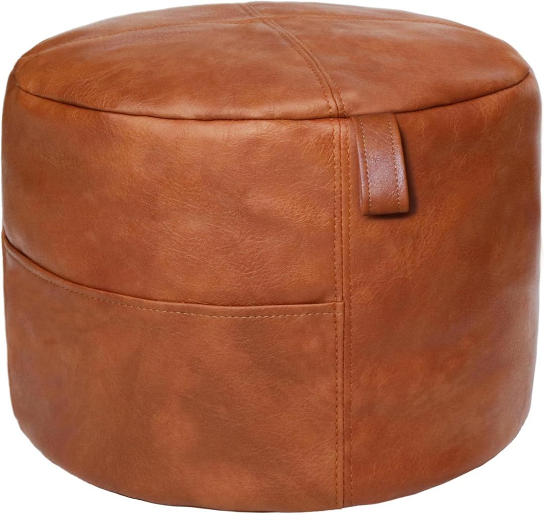 Thgonwid Unstuffed Faux Leather Pouf Cover Handle, Footstool Ottoman Storage Solution, Floor Footrest Cushion, 16.5Dx12H, No Filler, (Pocket-Handle) Amaretto