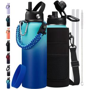 Insulated Water Bottle 40oz - with Straw & Auto Spout Lid, Paracord Handle, Shoulder Carrier Bag,40 oz Water Jug Great for Sport Travel Gym Hiking Biking (Green Blue)