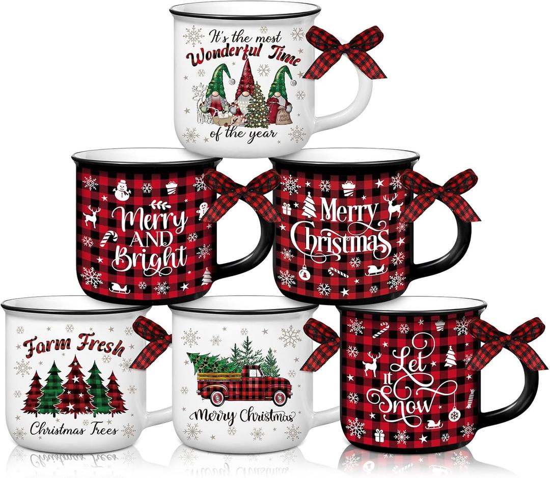 6 Pcs Christmas Mini Coffee Mugs Gifts with Plaid Ribbons Red Black Plaid Xmas Tree Truck 5 oz Christmas Ceramic Cups for Tiered Tray Decor Holiday Party Bar Kitchen Decorations
