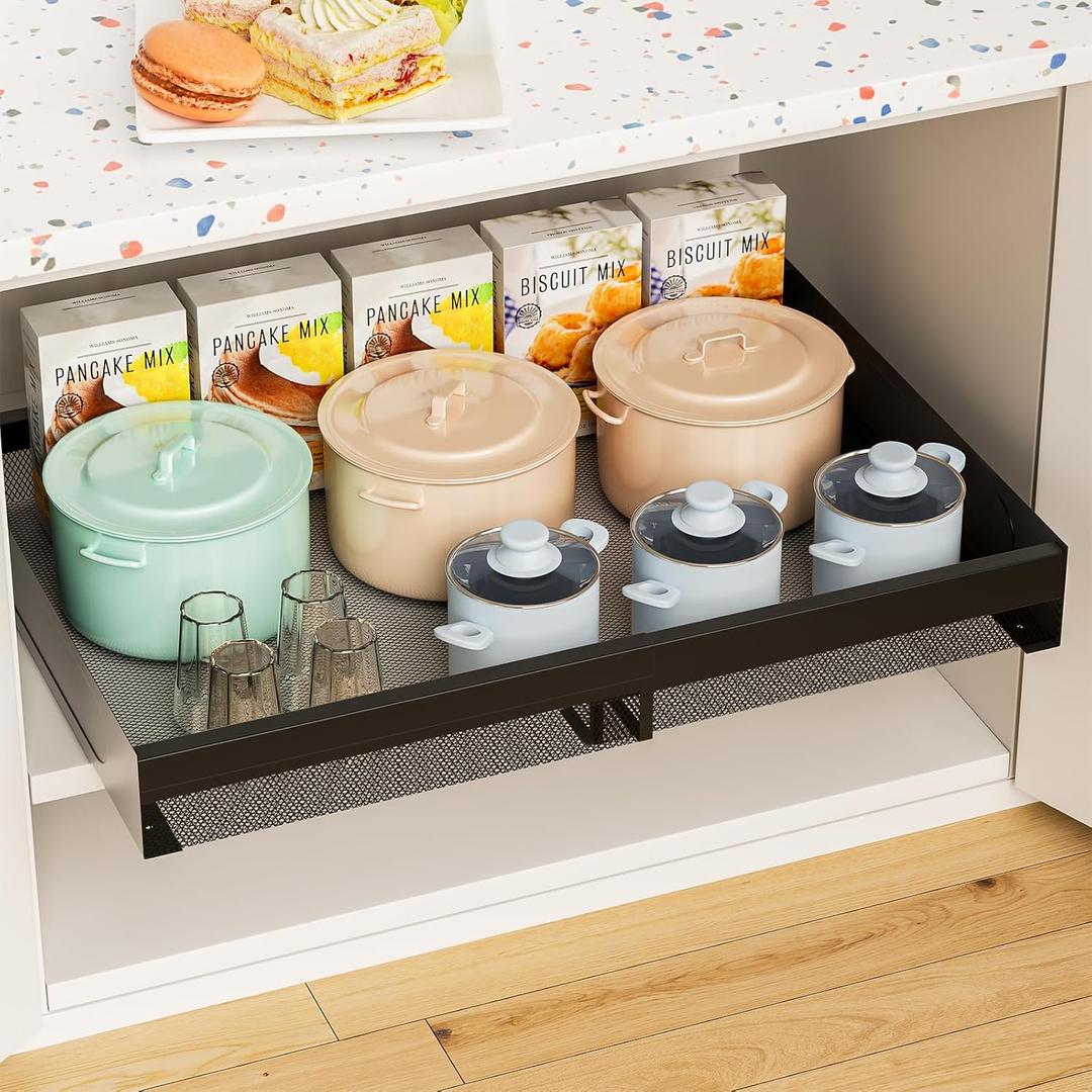Hisencn Pull Out Cabinet Organizer, Expandable Width 13.9"-22", 21.8" Deep Heavy Duty Slide Out Drawer for Kitchen Cabinets, No Drill Roll Out Shelves with Adhesive Nano Film (Black)