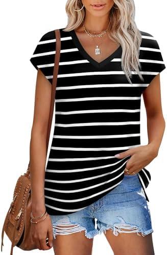 SAMPEEL Womens Summer Tops 2025 Cap Sleeve Trendy V Neck Loose Fit T Shirts, Size: L