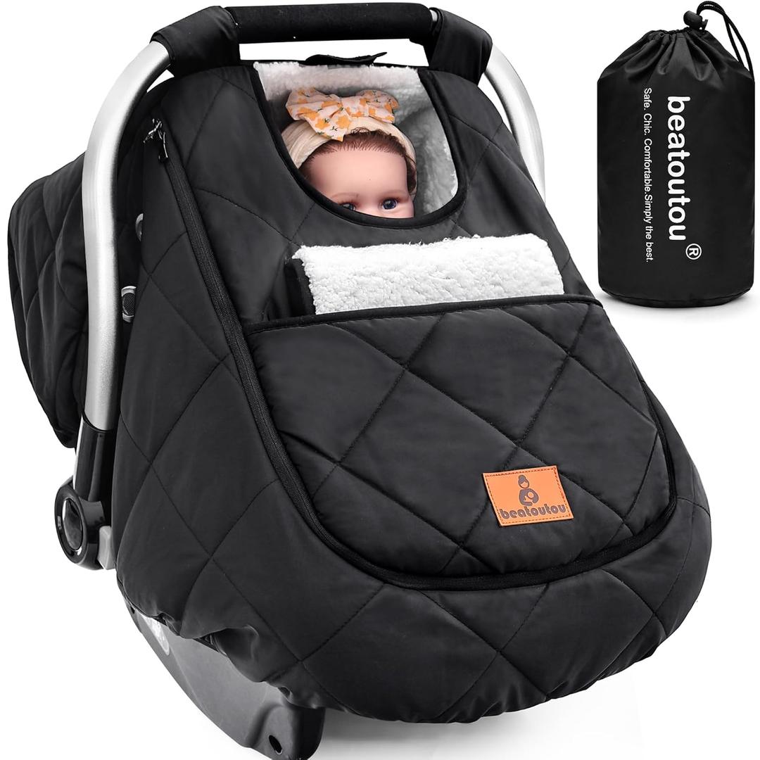 Beatoutou Winter Baby Car Seat Cover, Beatoutou Waterproof Winter Infant Carseat Canopy for Boys Girls, Cold Weather Warm Car Seat Covers for Babies, Keeps Babies Warm and Cozy (Black)