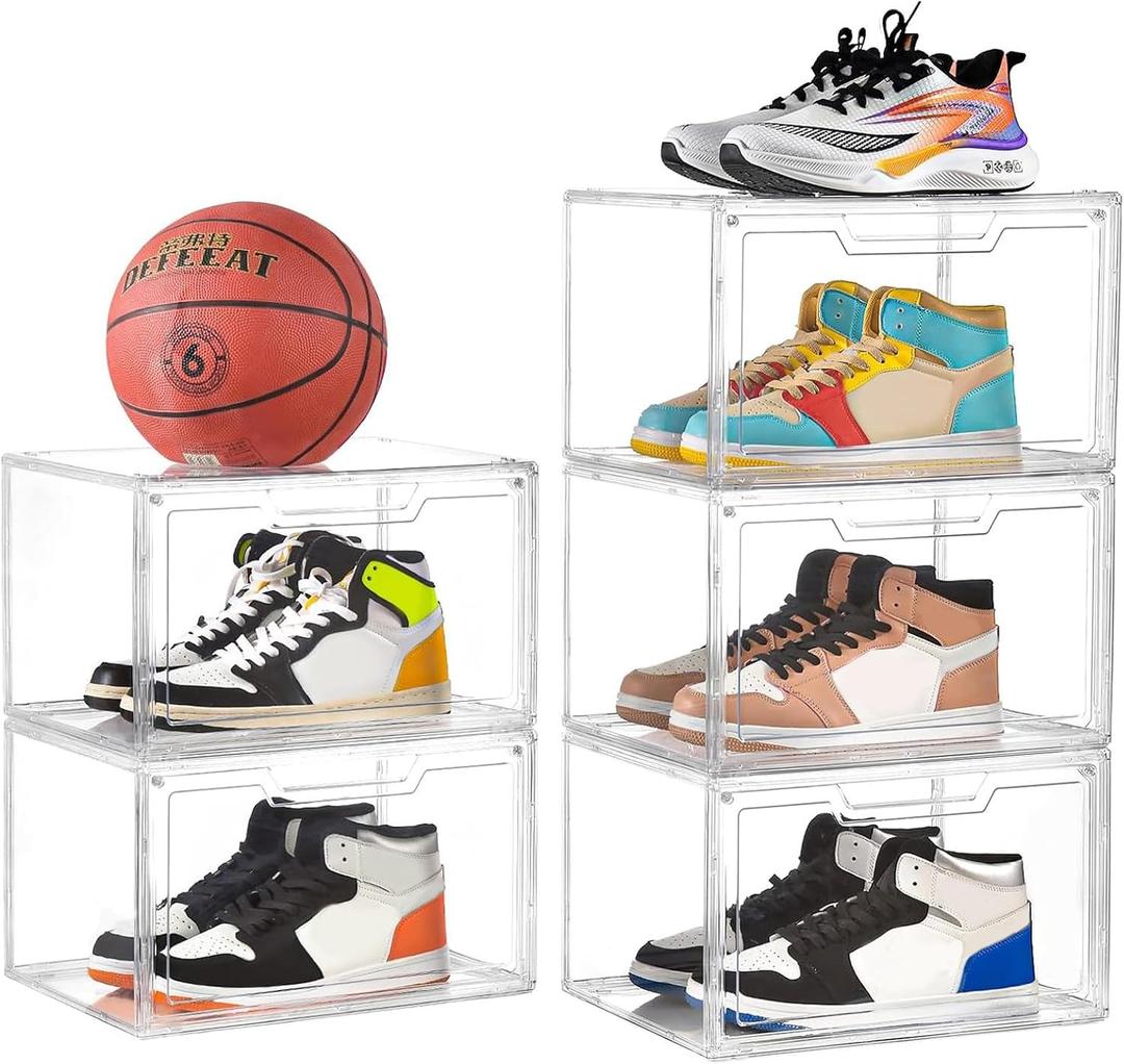 5 Pack Clear Stackable Shoe Organizer Box with Lids, Acrylic Shoes Box with Magnetic Doors, Transparent Shoe Storage Bins Closet Organizers, Shoes Containers For Sneaker Display, Fit up to US Size16