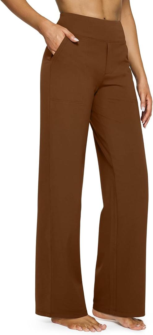 G4Free Loose Pants for Women High Waisted Yoga Dress Pants with Pockets Stretch Wide Leg Sweatpants Business Casual Trouser Pants(Dark Coffee, L, Petite)
