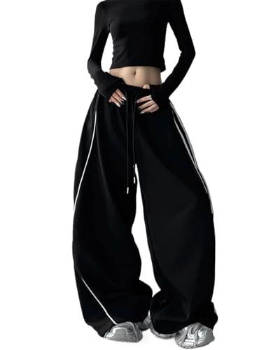 Y2K Sweatpants Women Harajuku Streetwear Wide Leg Baggy Pants Fall Vintage Athletic Joggers Drawstring Trousers Black, M