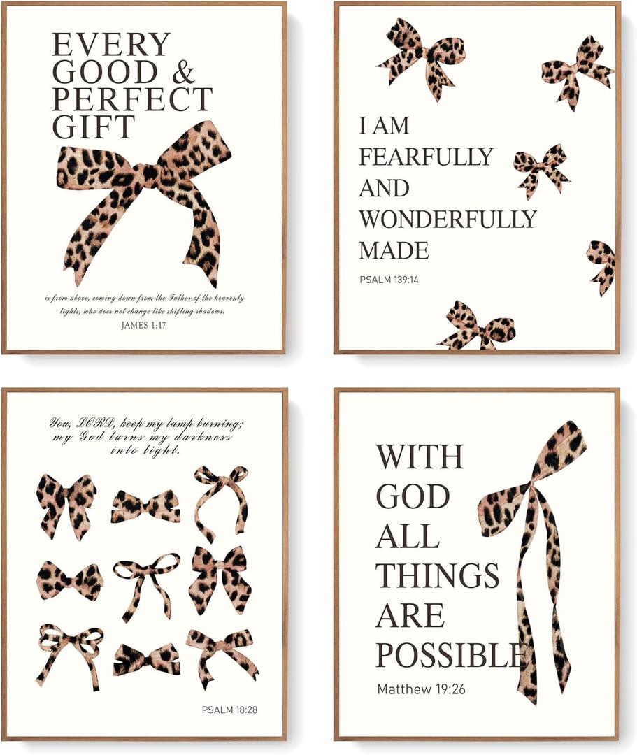 LARTSFRO Coquette Leopard Bow Wall Art Decor Posters, Y2K Cheetah Leopard Bow Room Bedroom Bathroom Dorm Wall Art Decor Aesthetic for College Teen Girls Gifts, Inspirational Bible Verses Bow Wall Decor, 10x8 Inch Set of 4 Pcs Cheetah Bow Pictures (UNFRAMED) (8X10in)