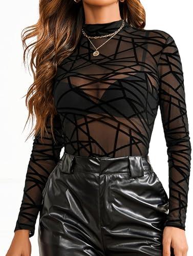 Avidlove Mesh Top for Women Long Sleeve See Through Shirt Mock Neck Sheer Blouse Clubwear Party 3XL