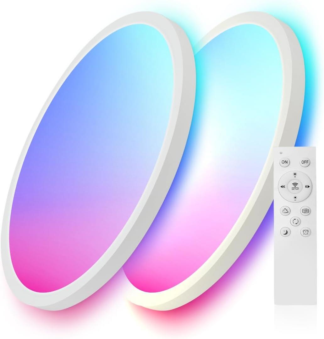 2 Pack 12 Inch Smart Ceiling Light Fixture, RGB LED Flush Mount Ceiling Light with Night Light, 24W 2400LM Ultra-Slim Ceiling Light with Remote, 16 Million DIY Colors, Works with Alexa/Google Home