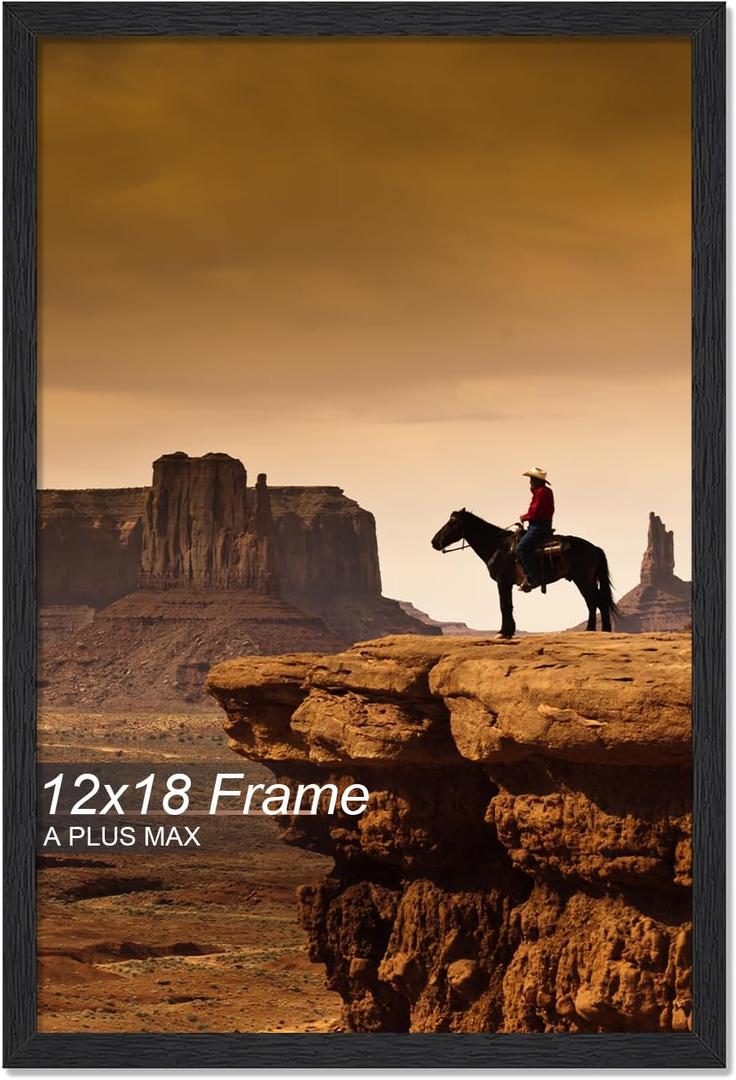 A PLUS MAX 12x18 Picture Frame, Black Engineered Wood Frame for 12 x 18 Inch Picture Poster Photo, Light Weight 12 by 18 Frame with Wood-grain for Wall - 1 Pack/Black/12 x18