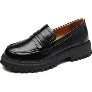 Loafers for Women Leather Chunky Platform Penny Shoes Classic Round Toe Comfortable Business Work Shoes (10, Black)