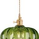 Pendant Light with Green Scindapsus Glass Lmapshade, Brass Vintage Pendant Light Adjustable Hanging Light for Kitchen Island Dining Room Hallway (Hardwired 1 pack, Scindapsus Green)