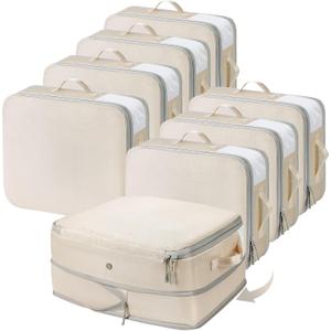 DIMJ Clothes Storage Bag 8 Pack, 19L Compression Storage Bags for Sweater, Closet, Sheet Storage Organizer with Window Handle, Compression Packing Cubes Space Saver Storage Bags with Zipper (Beige)