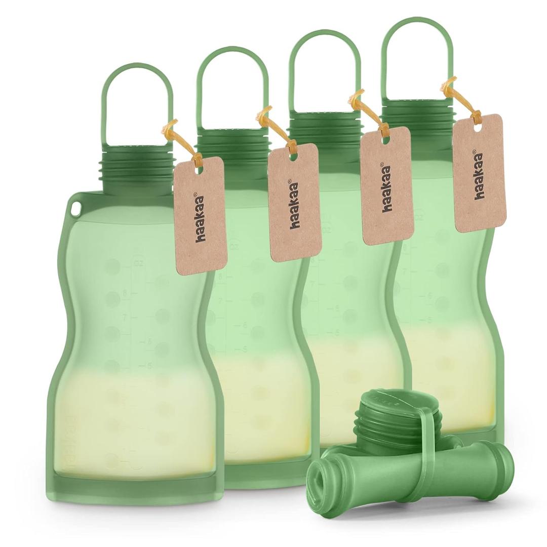 haakaa Silicone Breast Milk Storage Bag 9 oz- Reusable Milk Collector Freezer Bag for Breastfeeding Mom - Baby Food Storing Yummy Pouch - Breast Pump Bag - Self Standing -Leakproof - 5 Count,Pea Green