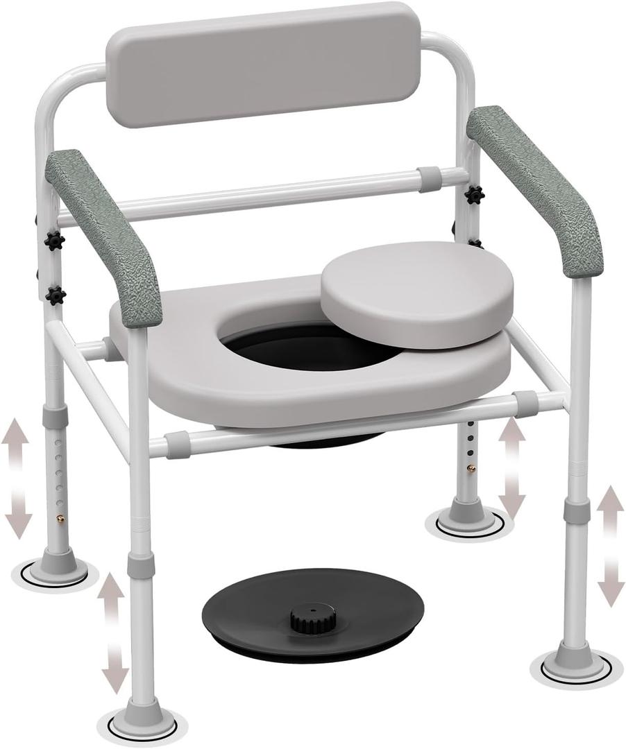 Adjustable Medical Bedside Commode Chair with Padded Backrest, Height Adjustable, Drop Arm Support