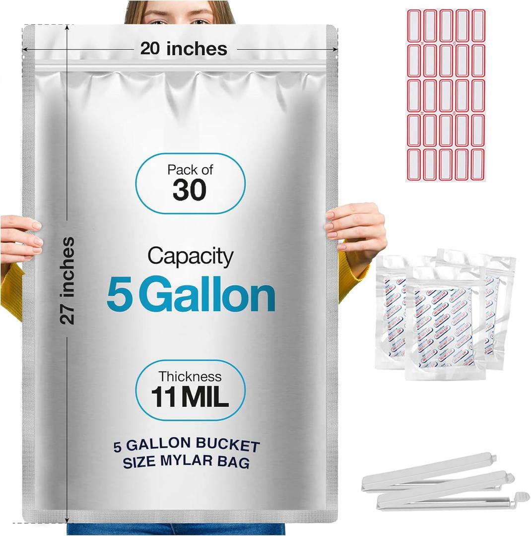 BELLE KR 30 Pcs 5 Gallon Mylar Bags With 2000CC Oxygen Absorbers - Perfect Bucket Size - 11 Mil Thick - With Sticker Labels and Closure Clip - Smell Proof, Heat Resealable Large Mylar Bag (Silver)