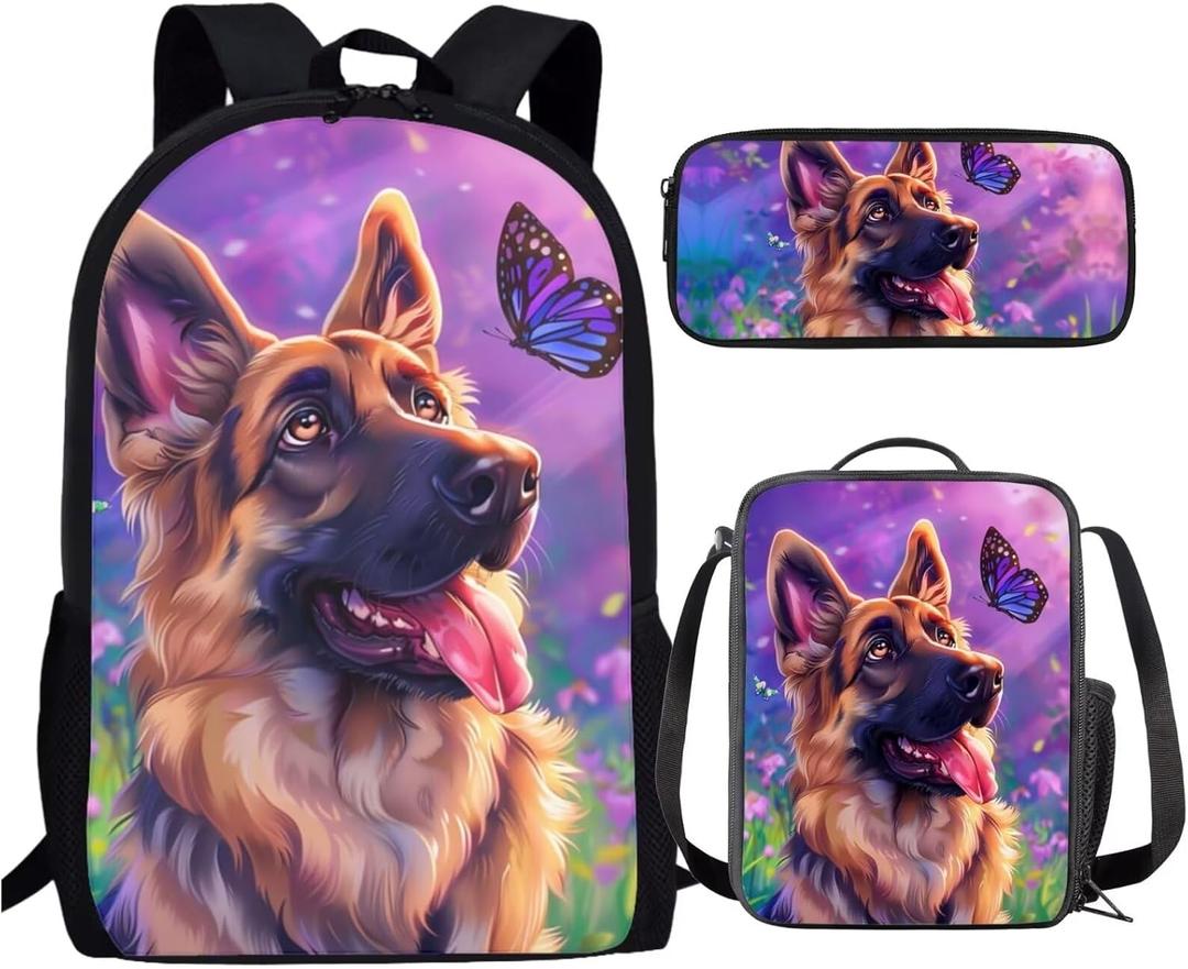 German Shepherd Backpack for School Girls 7th Grade with Lunch Box Dog Bookbag for Kids 8-12/10-12/12-14 Butterfly Middle School Bag Lunchbox Pencil Case Set Children Book Bag Lunch Bag