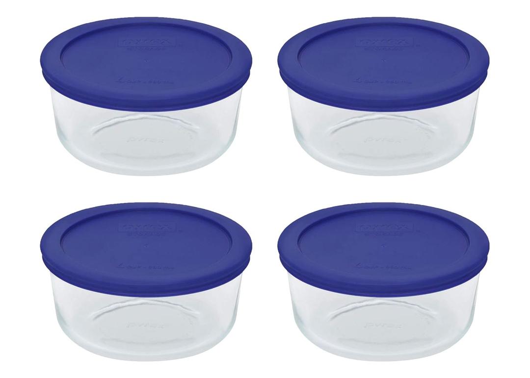 Pyrex Storage 4 Cup Round Dish, Clear with Blue Lid - Original Genuine Pyrex - Pack of 4 Containers