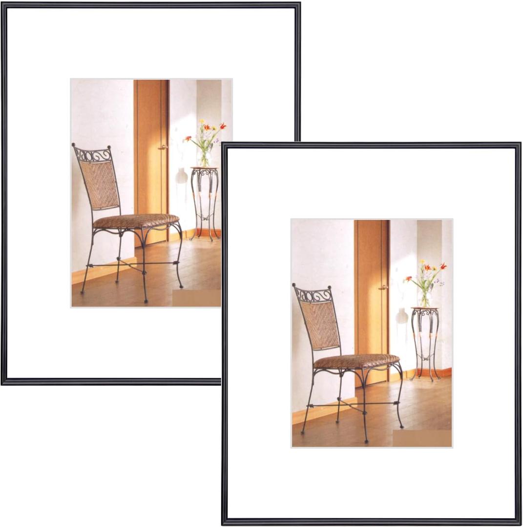 8.5x11 Picture Frame Set of 2, Black Metal Photo Frames with HD Glass, Fits 5x7 with Mat or 8.5x11 without Mat, Wall Hanging and Table Display, 2 Pack