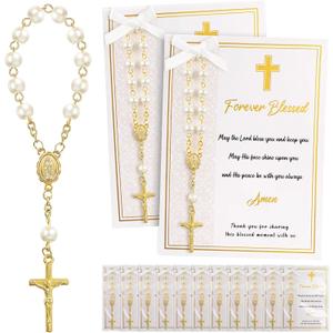 Quelay 50 Sets Rosary Baptism Favors Mini Acrylic Rosary Finger Rosaries Gold Bead Faux Pearls with Cards and Bags Recuerdo De Boda Y Bautizo for Christening Party Favor(Blessing)