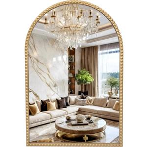 FUIN 24" x 36" Elegant Arch Wall Mirror with Antique Gold Beaded Frame - Timeless Vintage Classic for Bathroom, Vanity, Living Room, and Entryway