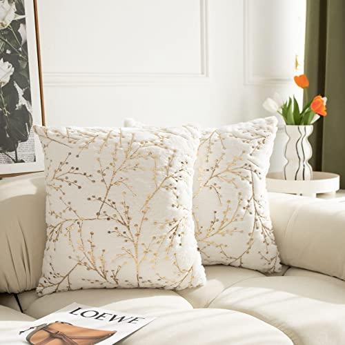 LIGICKY Set of 2 Fluffy White Faux Fur Pillow Covers with Gold Branches Glitter Printed Throw Pillows Decorative Soft Furry Sparkling Square Cushion Cases for Sofa Bedroom Party Décor, 24 x 24 inch