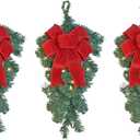 Set of 3 Pre-Lit Artificial Pine Christmas Teardrop Swags with Wired Red Bows, Battery Operated with Timers, 20 Inches High