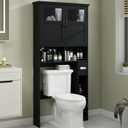 Vabches Over The Toilet Storage Cabinet, Storage Cabinet Over Toilet with Double Doors & Toilet Paper Holder Stand, Freestanding Toilet Shelf Space Saver with Anti-Tip Design & Adjustable Shelf, Black (W33.03'')